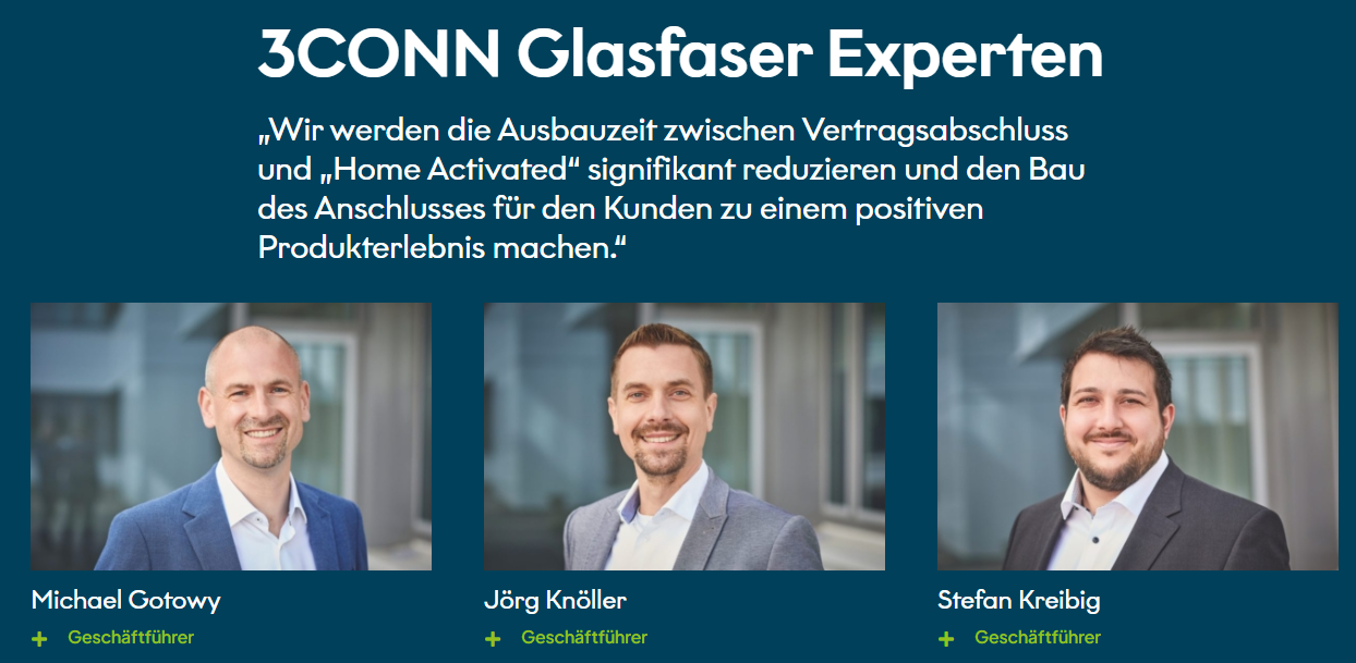 3CONN Glasfaser Experten — Michael Gotowy, Jörg Knöller und Stefan Kreibig, Geschäftsführer